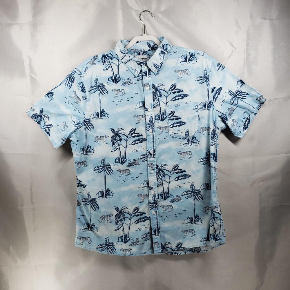 Sonoma Short Sleeve Button Up Shirt Blue w Tiger and Tropical Trees Men Sz XL